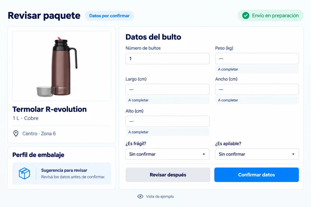 Vista ilustrativa de revisión de bultos de Envíalo: producto, campos de peso y medidas por completar y confirmación