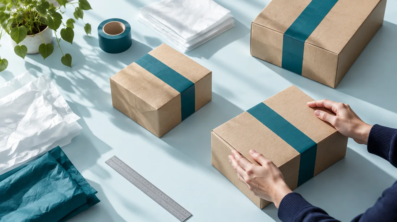 Manos preparando paquetes con cinta teal sobre una mesa.